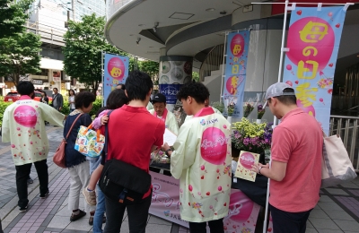 母の日に亡き母を想い墓参する「母の日参り」のPRにJA紀州が東京有楽町駅前にてスターチスを配布